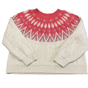 Lucky Brand Women's Size XL Fair Isle Sweater Pullover Coral Red Beige Cozy Warm